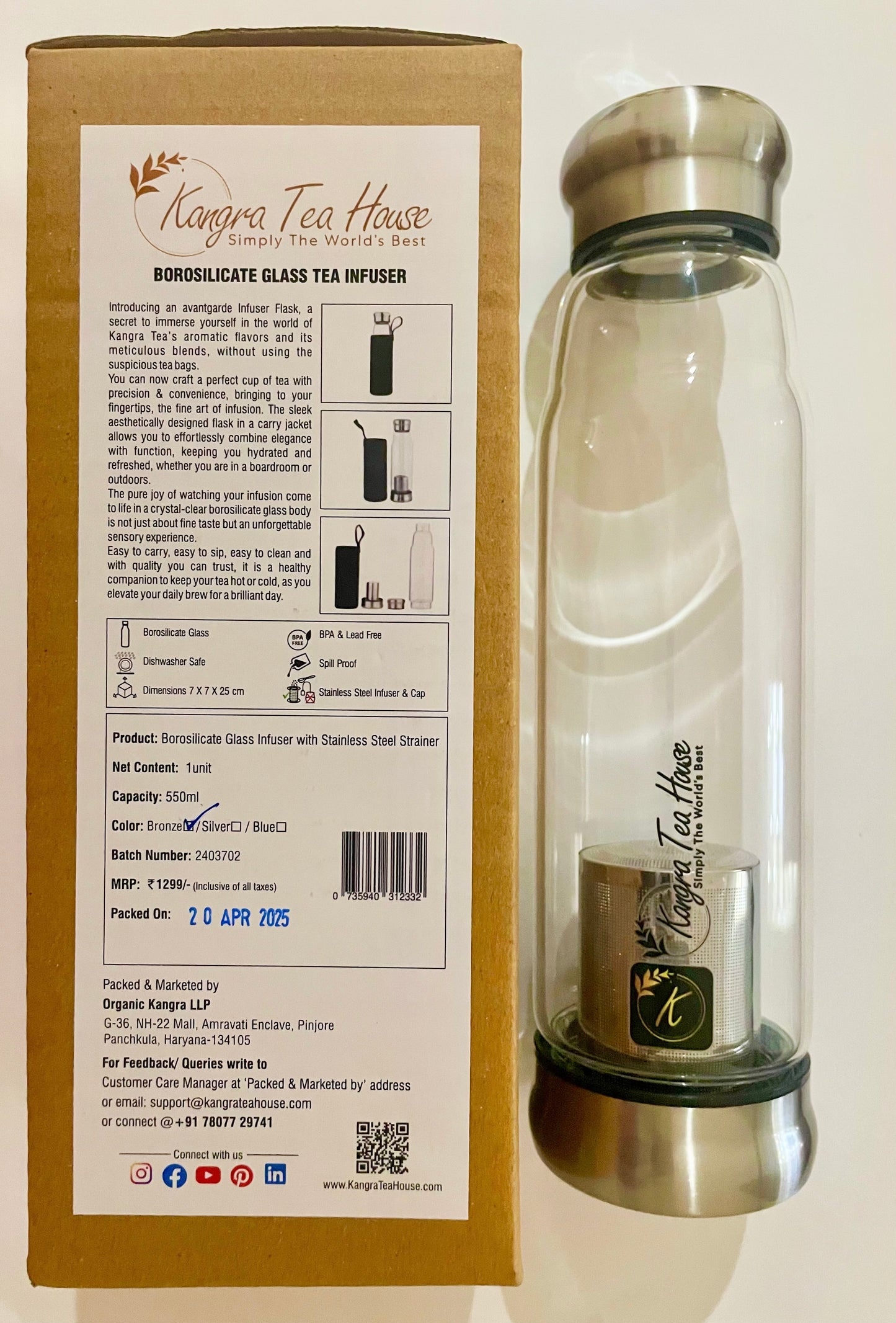 Kangra Tea House Premium Borosilicate Glass Infuser Bottle