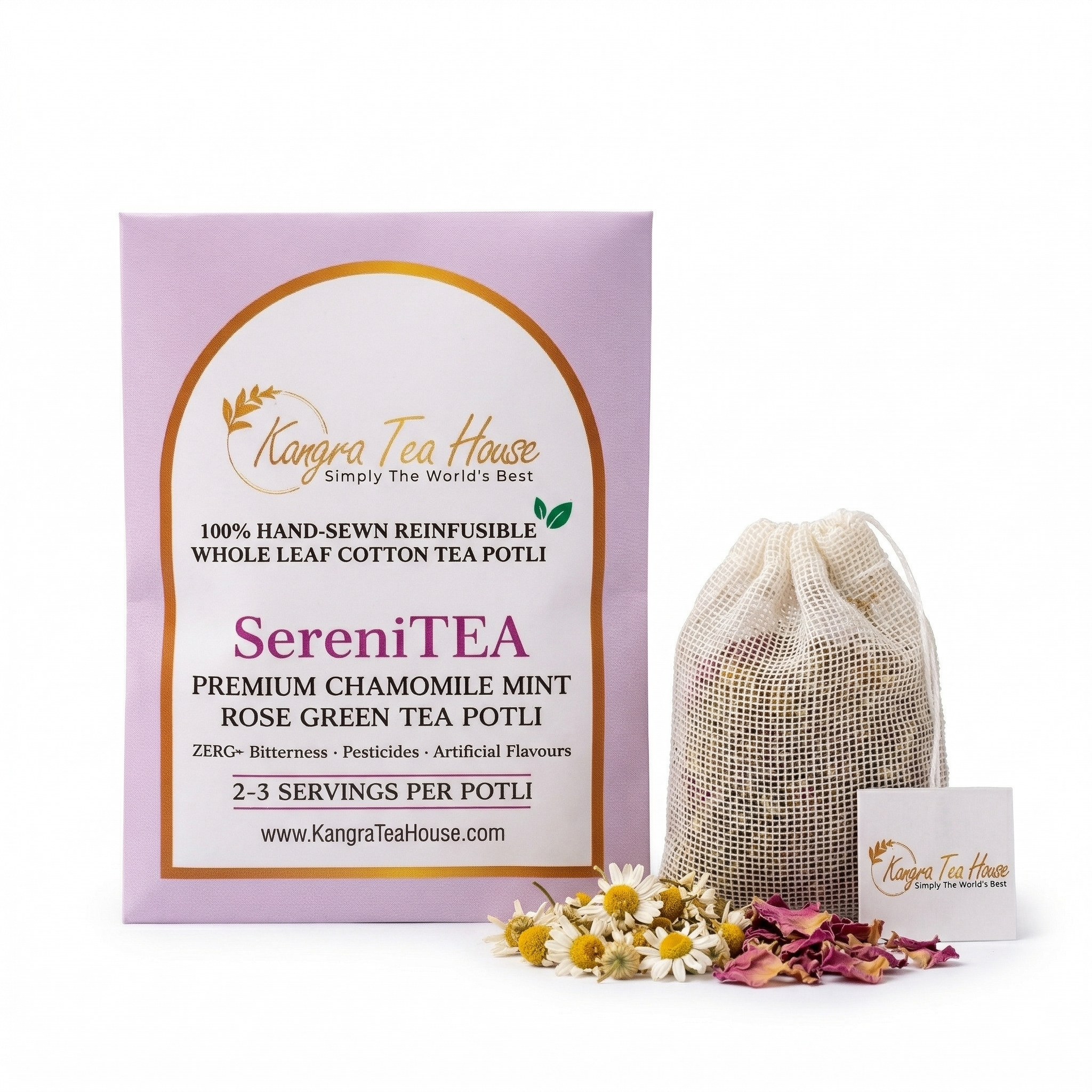 Chamomile Mint Rose Green Tea Hand-Sewn Premium Cotton Tea Bags (SeriniTEA Pack of 6 Reinfusible Potlis)