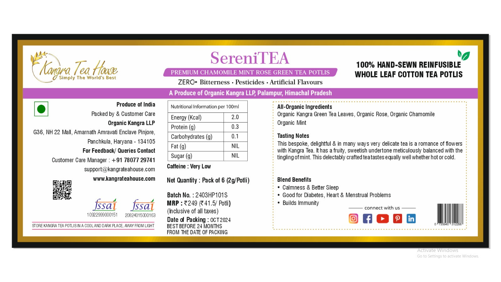 Chamomile Mint Rose Green Tea Hand-Sewn Premium Cotton Tea Bags (SeriniTEA Pack of 6 Reinfusible Potlis)