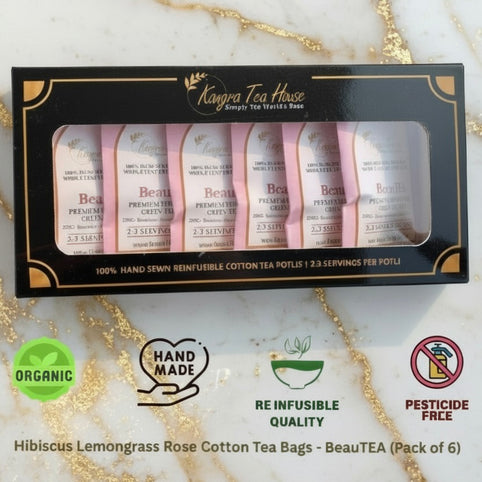 Hand-Sewn Premium Hibiscus Rose Green Tea Bags (BeauTEA Pack of 6 Reinfusible Potlis)