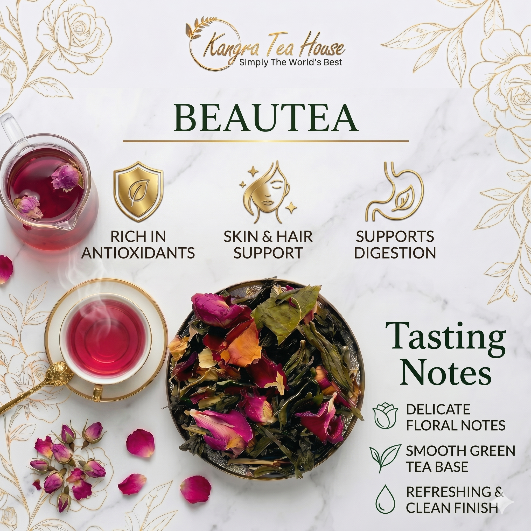 Kangra Tea House BeauTEA Hibiscus Rose Organic Green Tea Loose Leaf | Skin Glow Detox Tea | Whole Leaf Kangra Green Tea | First Flush - Rich in Antioxidant