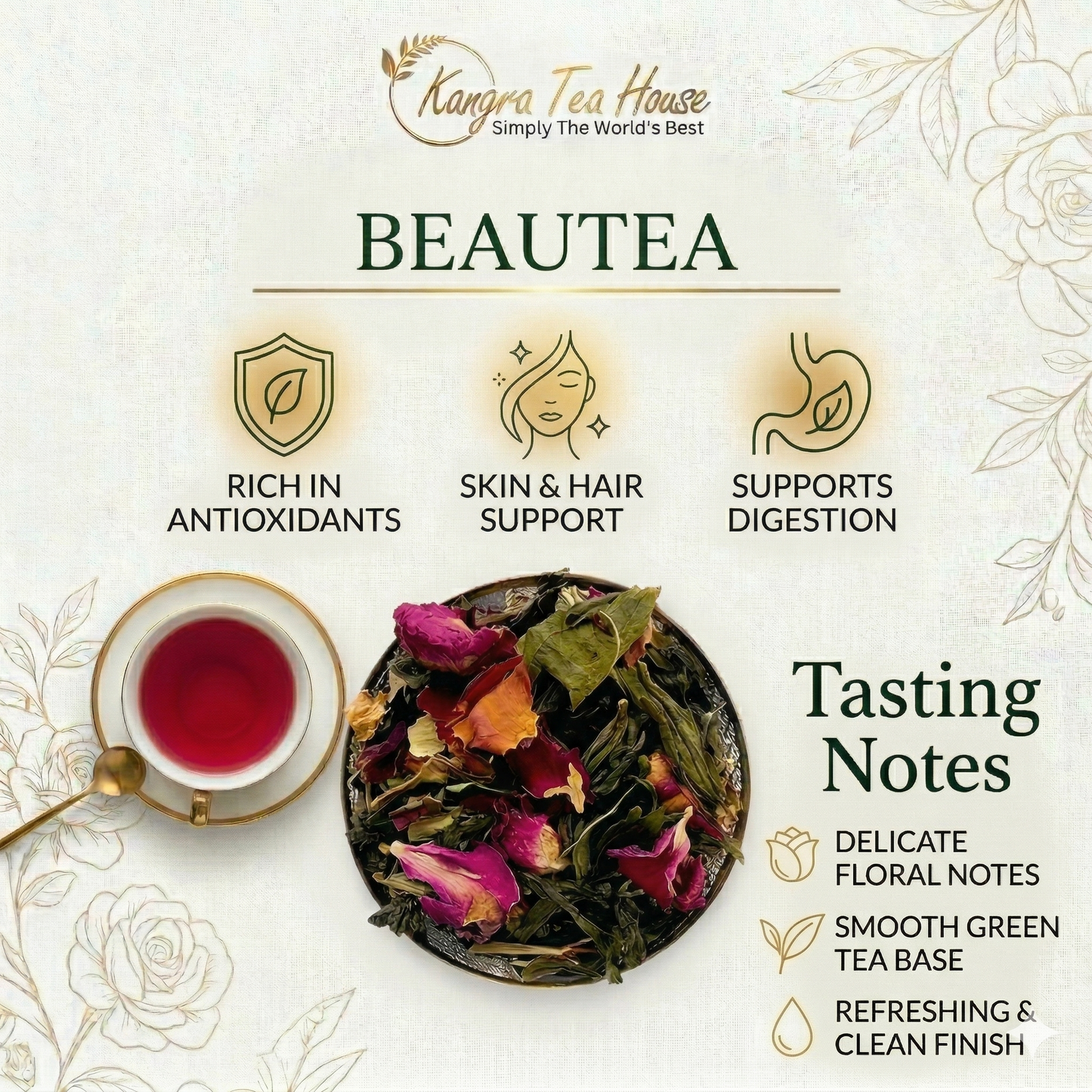 Kangra Tea House Organic Hibiscus Rose Green Tea | Skin Glow & Detox Herbal Tea | 6 Cotton Tea Bags | No Dust, No Artificial Flavours - BeauTEA Pack of 6 Reinfusible Tea bags