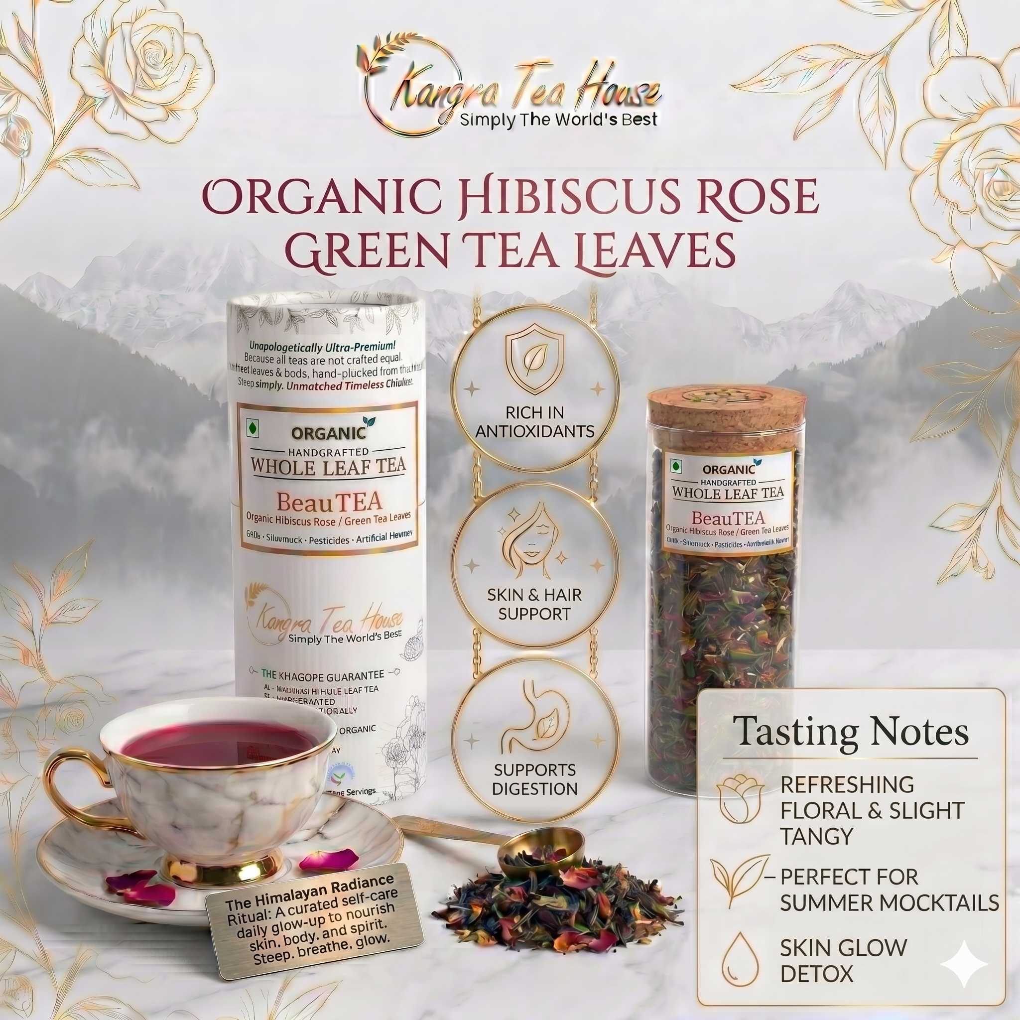 Kangra Tea House BeauTEA Hibiscus Rose Organic Green Tea Loose Leaf | Skin Glow Detox Tea | Whole Leaf Kangra Green Tea | First Flush - Rich in Antioxidant