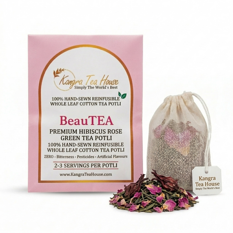 Kangra Tea House Organic Hibiscus Rose Green Tea | Skin Glow & Detox Herbal Tea | 6 Cotton Tea Bags | No Dust, No Artificial Flavours - BeauTEA Pack of 6 Reinfusible Tea bags