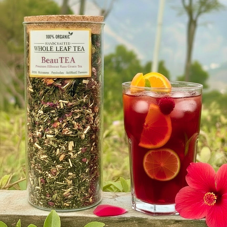 BeauTEA organic hibiscus rose loose leaf green tea – Iced tea brewed cup – Kangra Tea House