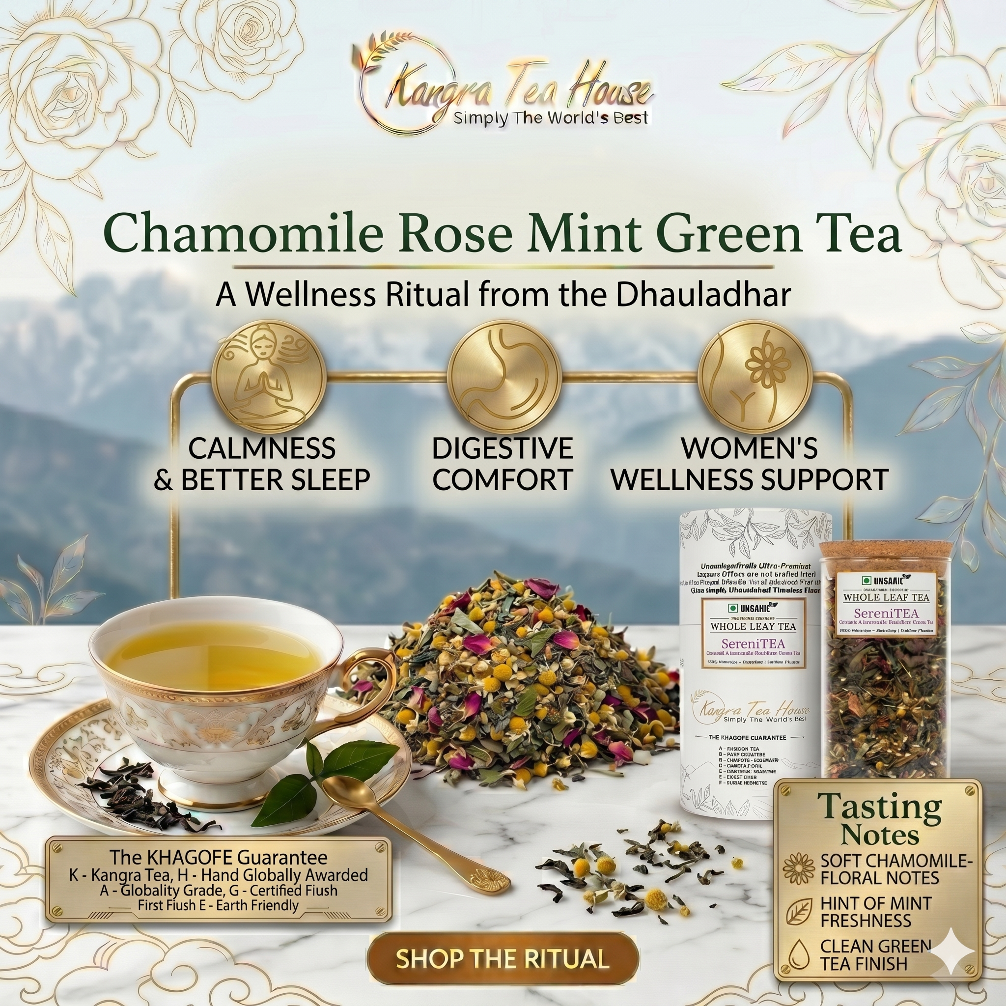 First Flush Chamomile Mint Rose Whole Leaf Green Tea - Calmness & Better Sleep | Good for Menstrual Problems | Builds Immunity