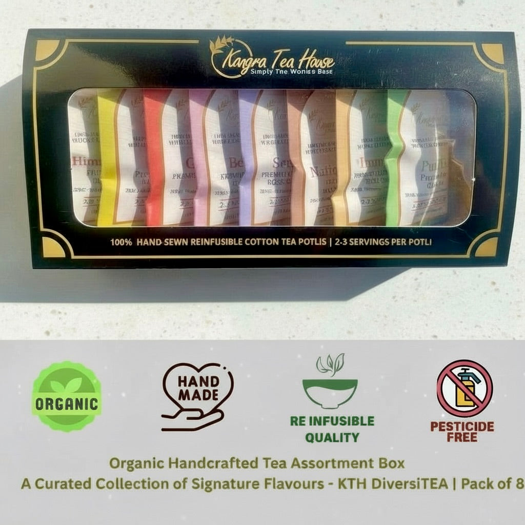 Kangra Tea House tea potli packaging with product images and certification logos on a white background.