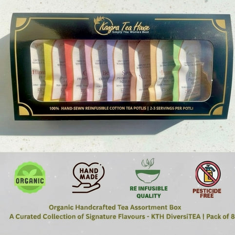 Kangra Tea House tea potli packaging with product images and certification logos on a white background.