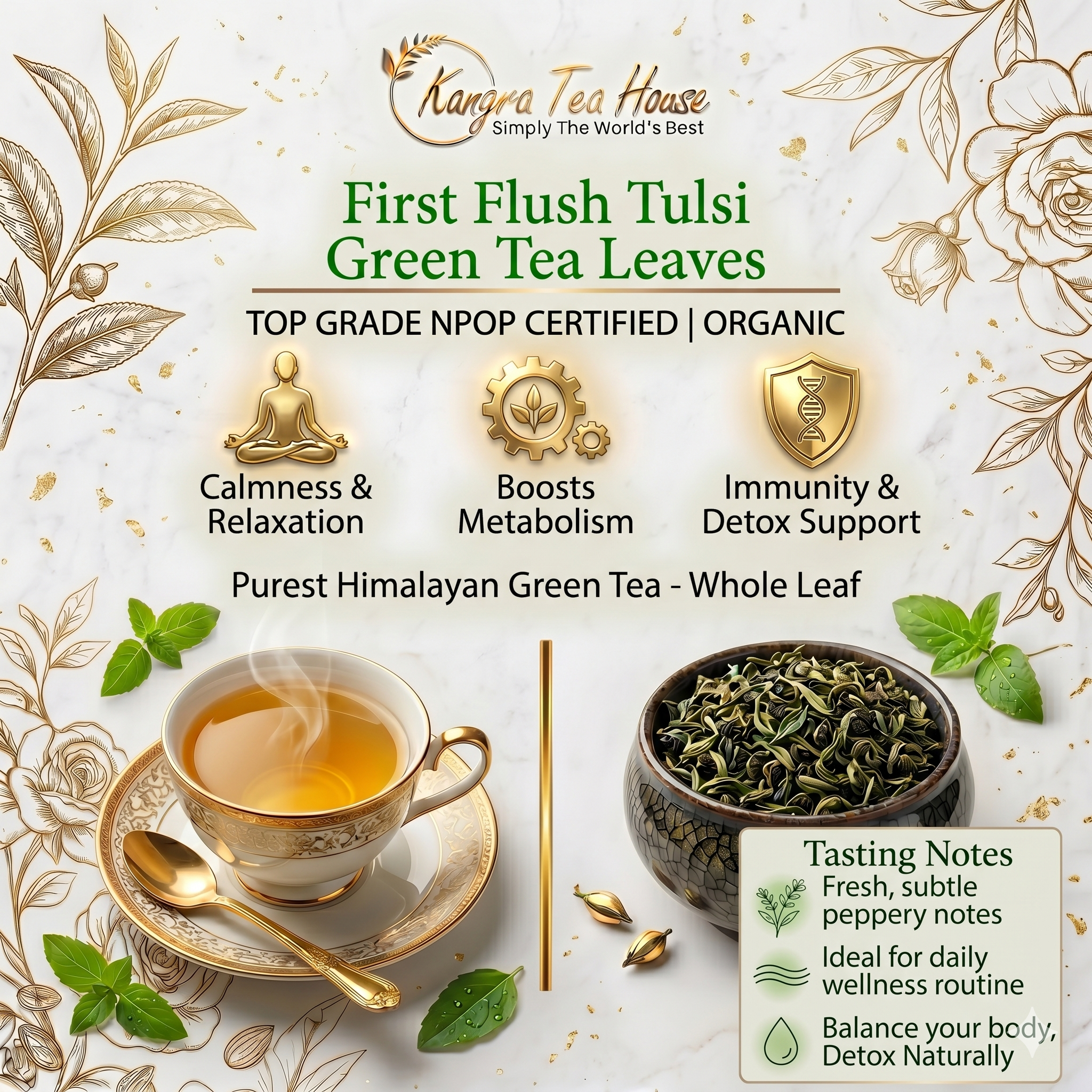 Organic Tulsi Whole Leaf Kangra Green Tea - Calming & Stress Reliever | Good for Pains & Viral Infections