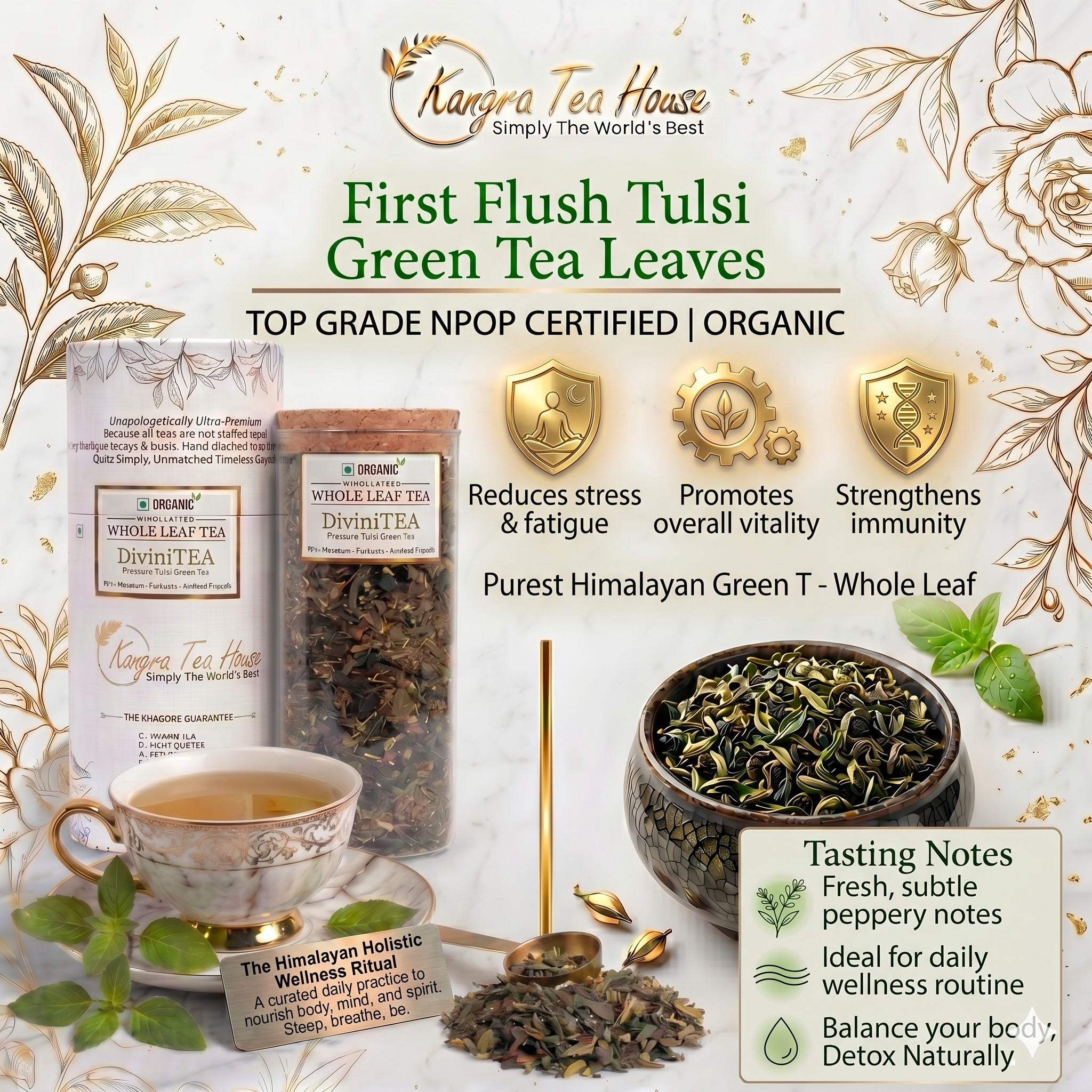 DiviniTEA organic tulsi whole leaf green tea pack – calming stress relief – Kangra Tea House