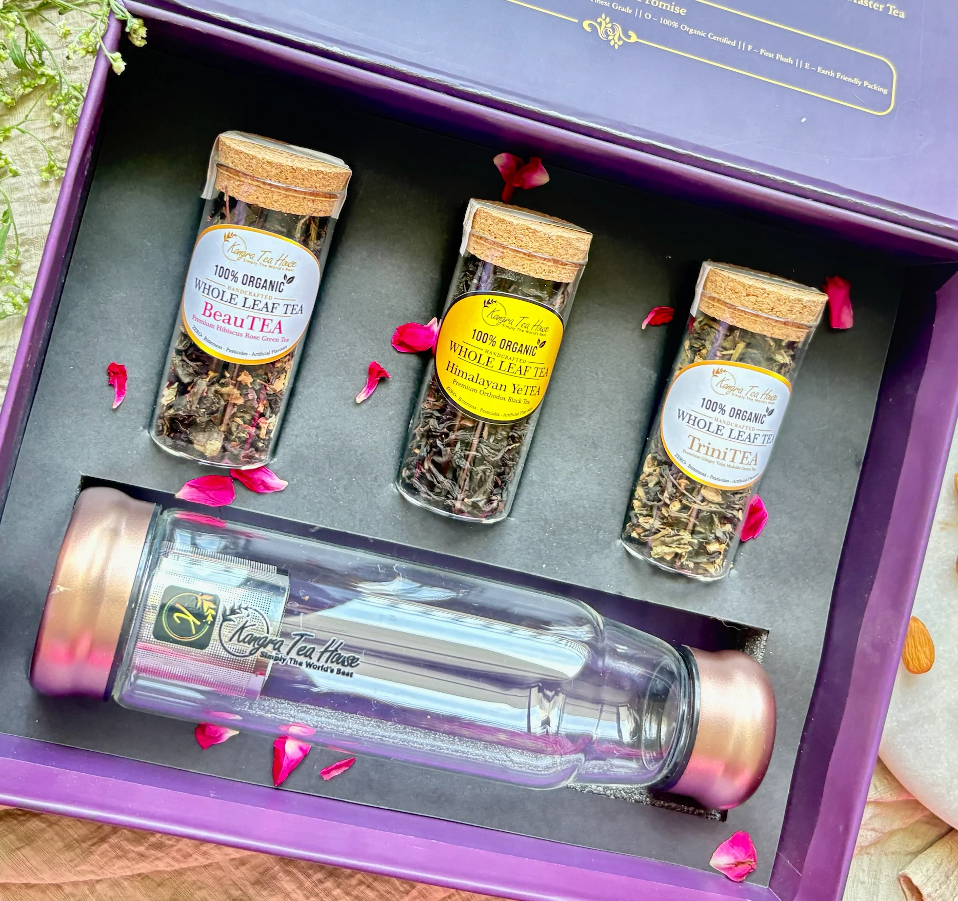 Taals - A Premium Gift Box with a set of 3 Organic Handcrafted Teas & an elegant Glass Infuser