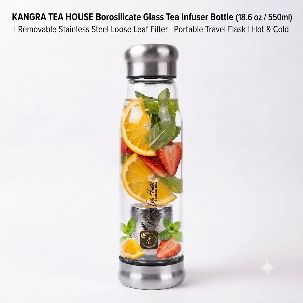 A KANGRA TEA HOUSE borosilicate glass tea infuser bottle with a stainless steel lid and base, shown filled with orange slices, strawberries, and mint leaves. Text at the top describes the product features.