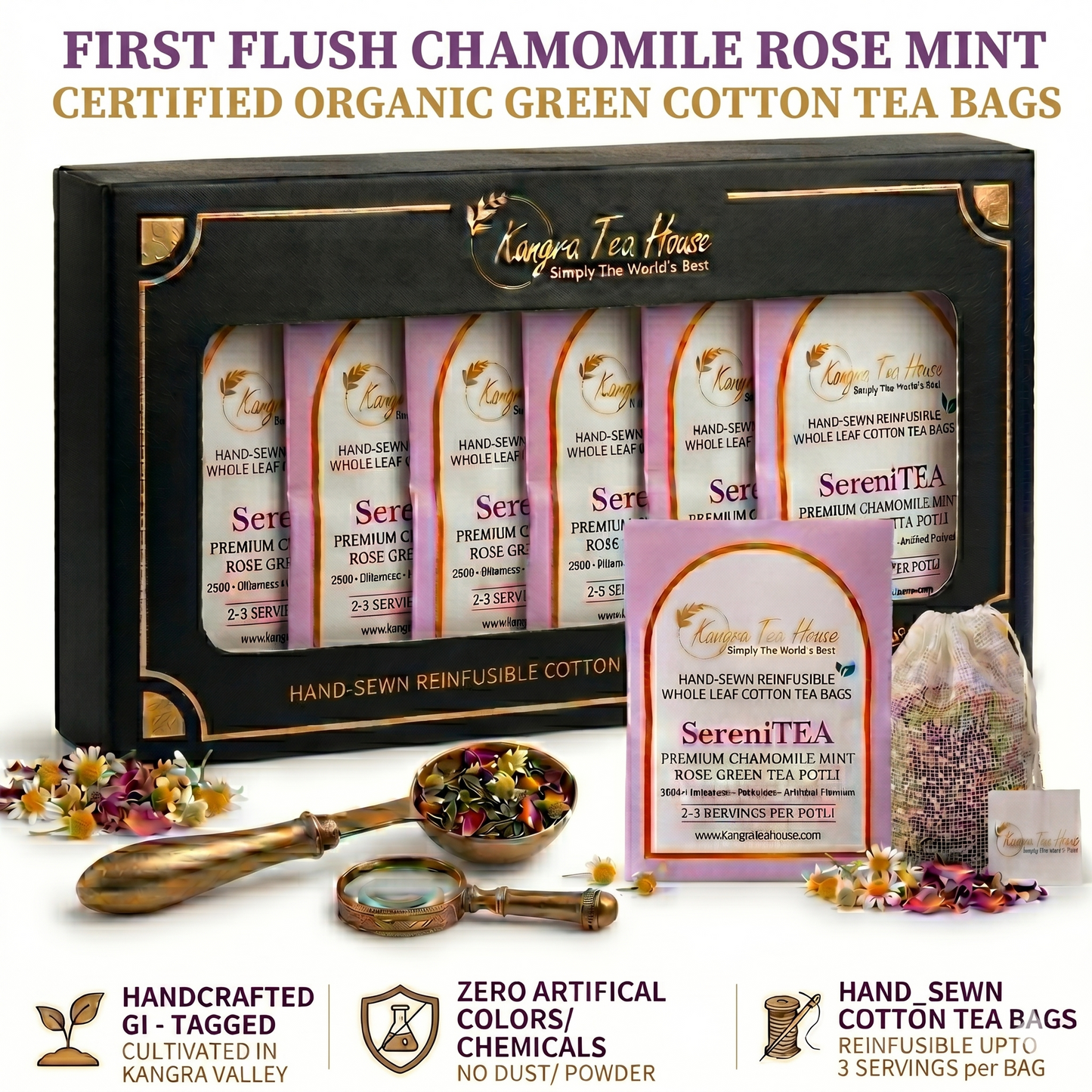 Chamomile Mint Rose Green Tea Hand-Sewn Premium Cotton Tea Bags (SeriniTEA Pack of 6 Reinfusible Potlis)