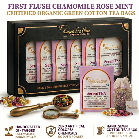 Chamomile Mint Rose Green Tea Hand-Sewn Premium Cotton Tea Bags (SeriniTEA Pack of 6 Reinfusible Potlis)