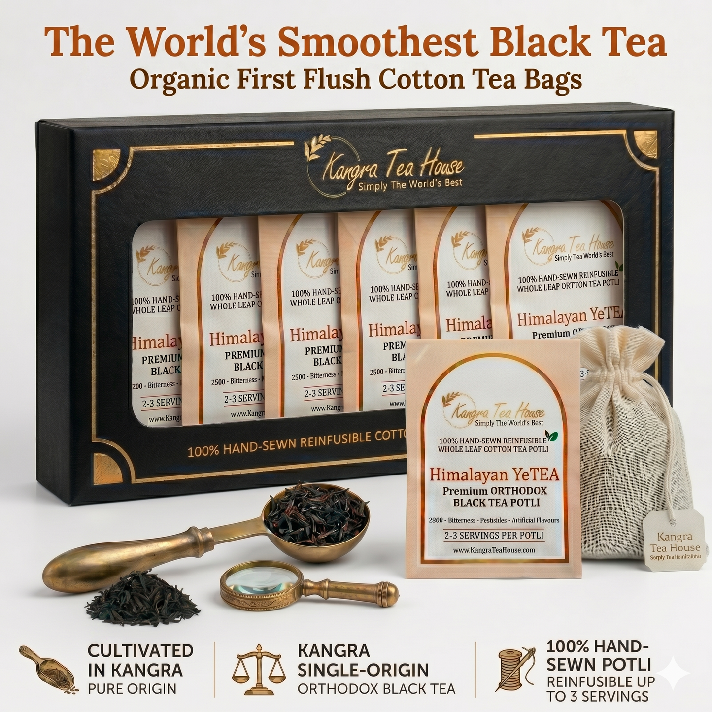 Black Tea 0% Bitterness Hand-Sewn Premium Cotton Tea Bags (YeTEA Pack of 6 Reinfusible Potlis)