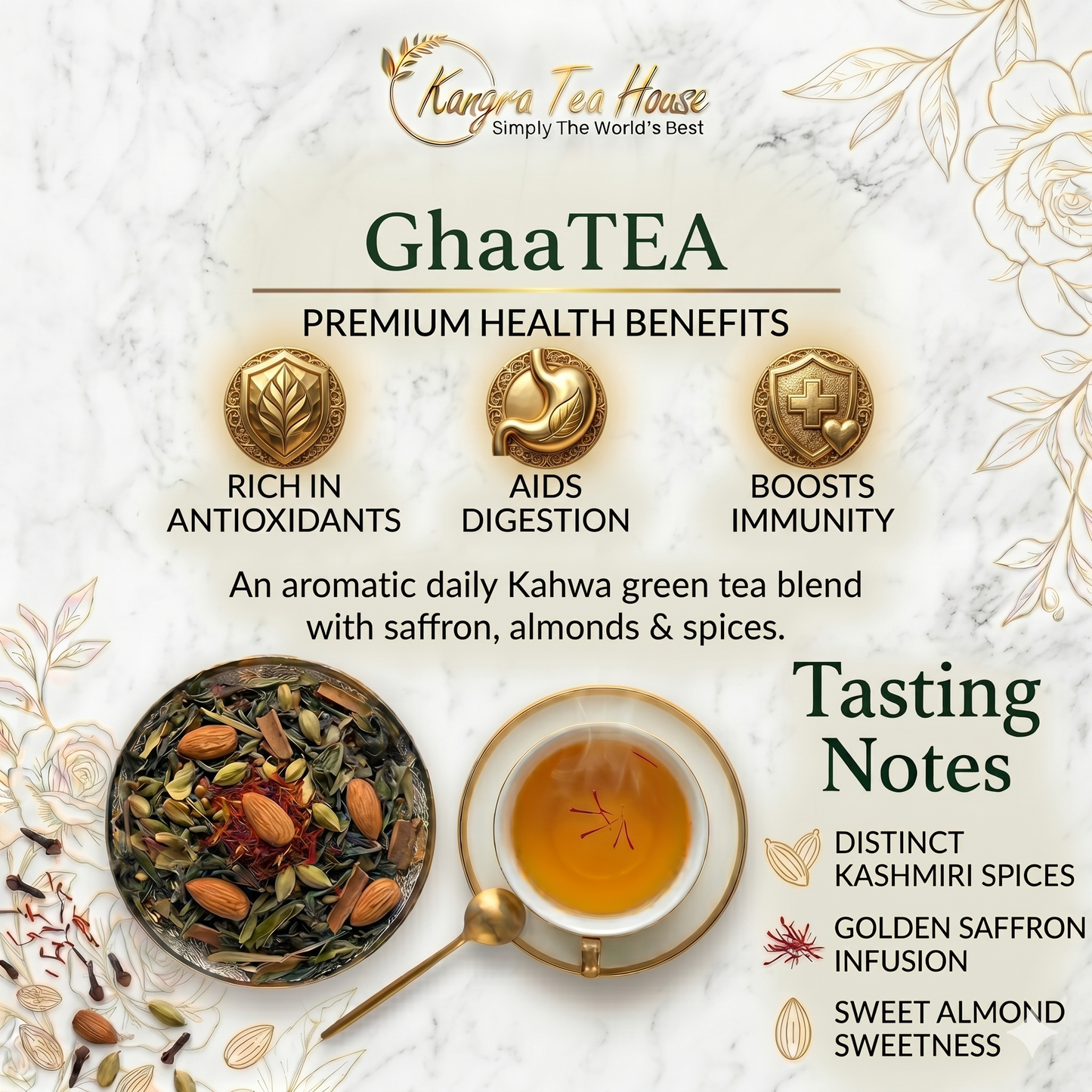 Artisanal Kashmiri Kahwa with Almonds & Golden Saffron - Kangra Tea House GhaaTEA