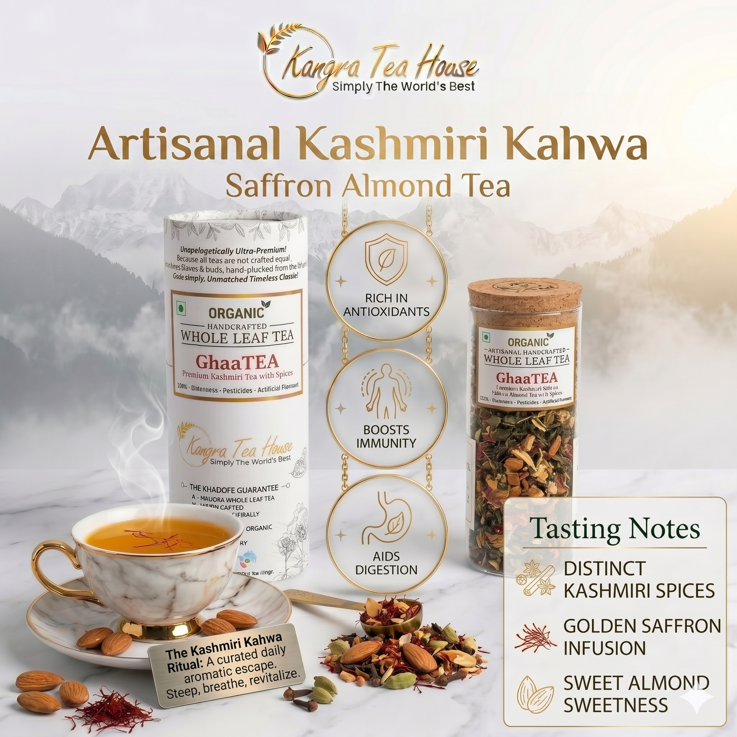 Artisanal Kashmiri Kahwa with Almonds & Golden Saffron - Kangra Tea House GhaaTEA