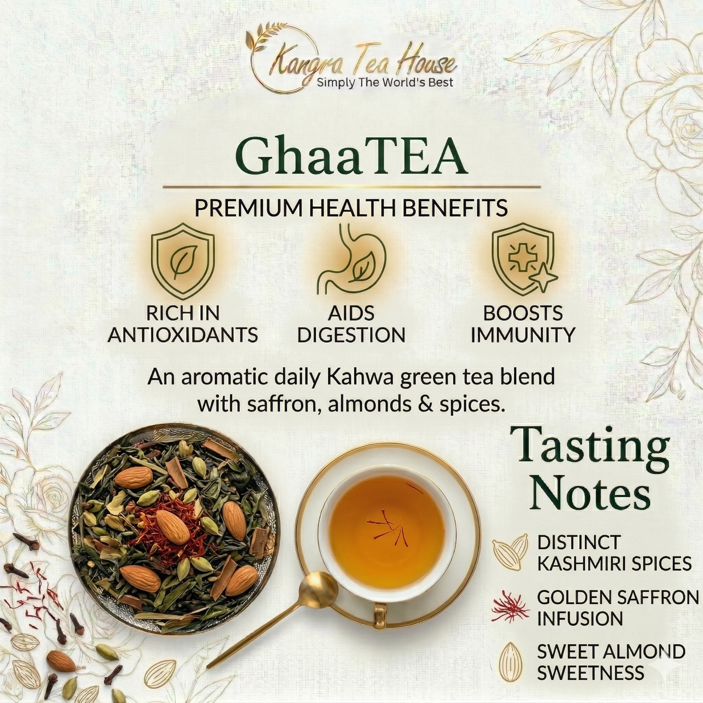Artisanal Kashmiri Kahwa with Saffron & Almond - Hand-Sewn Premium Cotton Tea Bags (GhaaTEA Pack of 6 Reinfusible Potlis)