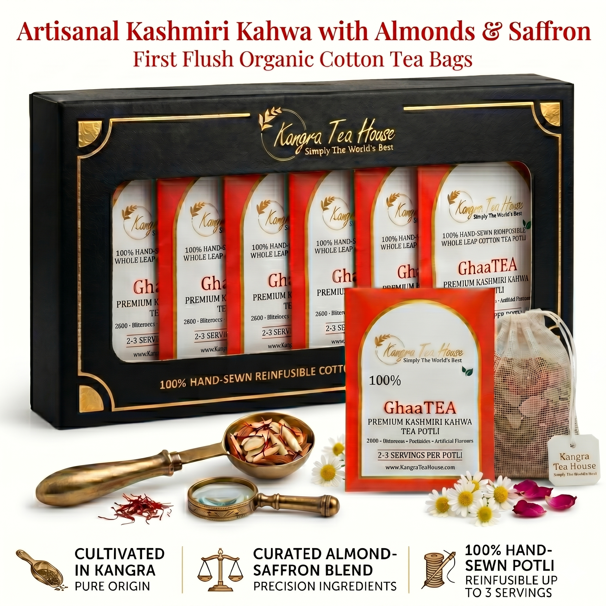 GhaaTEA Kashmiri kahwa hand-sewn cotton potli bags pack of 6 – Kangra Tea House