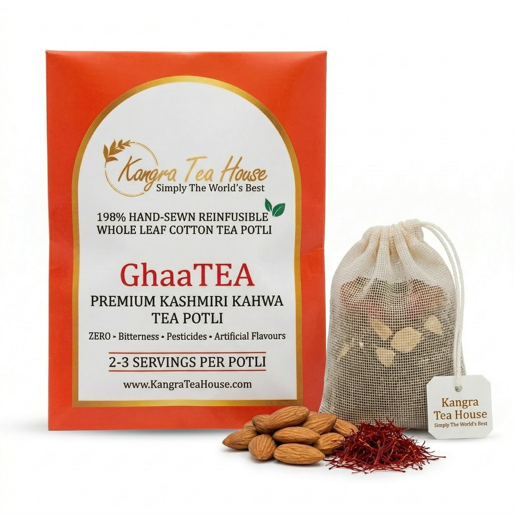 Artisanal Kashmiri Kahwa with Saffron & Almond - Hand-Sewn Premium Cotton Tea Bags (GhaaTEA Pack of 6 Reinfusible Potlis)
