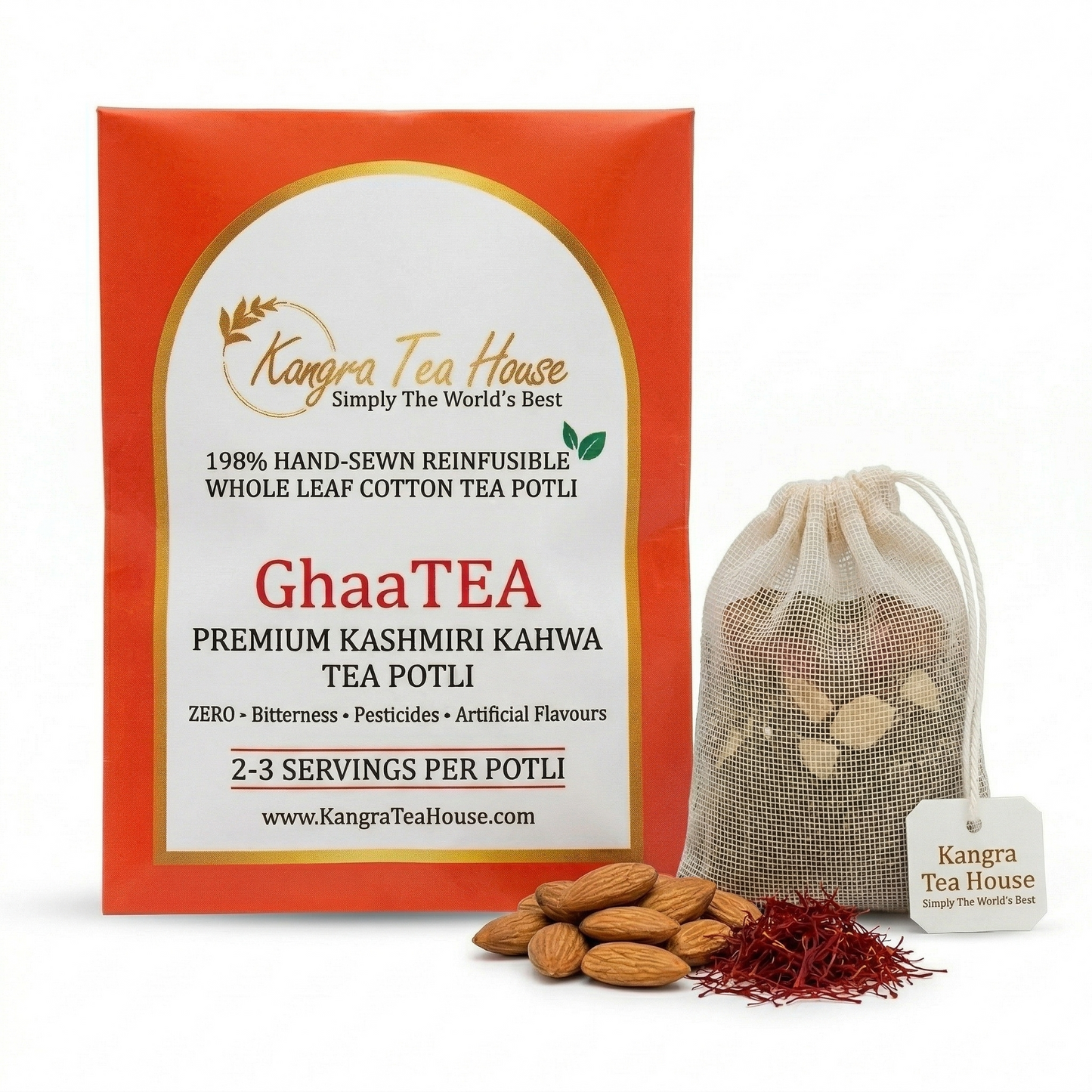 Artisanal Kashmiri Kahwa with Saffron & Almond - Hand-Sewn Premium Cotton Tea Bags (GhaaTEA Pack of 6 Reinfusible Potlis)