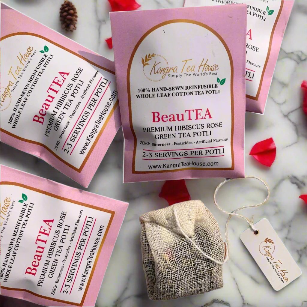 100% Hand-Sewn Premium Hibiscus Rose Green Tea Bags (BeauTEA Pack of 6 Reinfusible Potlis)