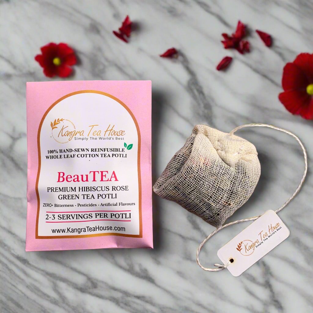 100% Hand-Sewn Premium Hibiscus Rose Green Tea Bags (BeauTEA Pack of 6 Reinfusible Potlis)