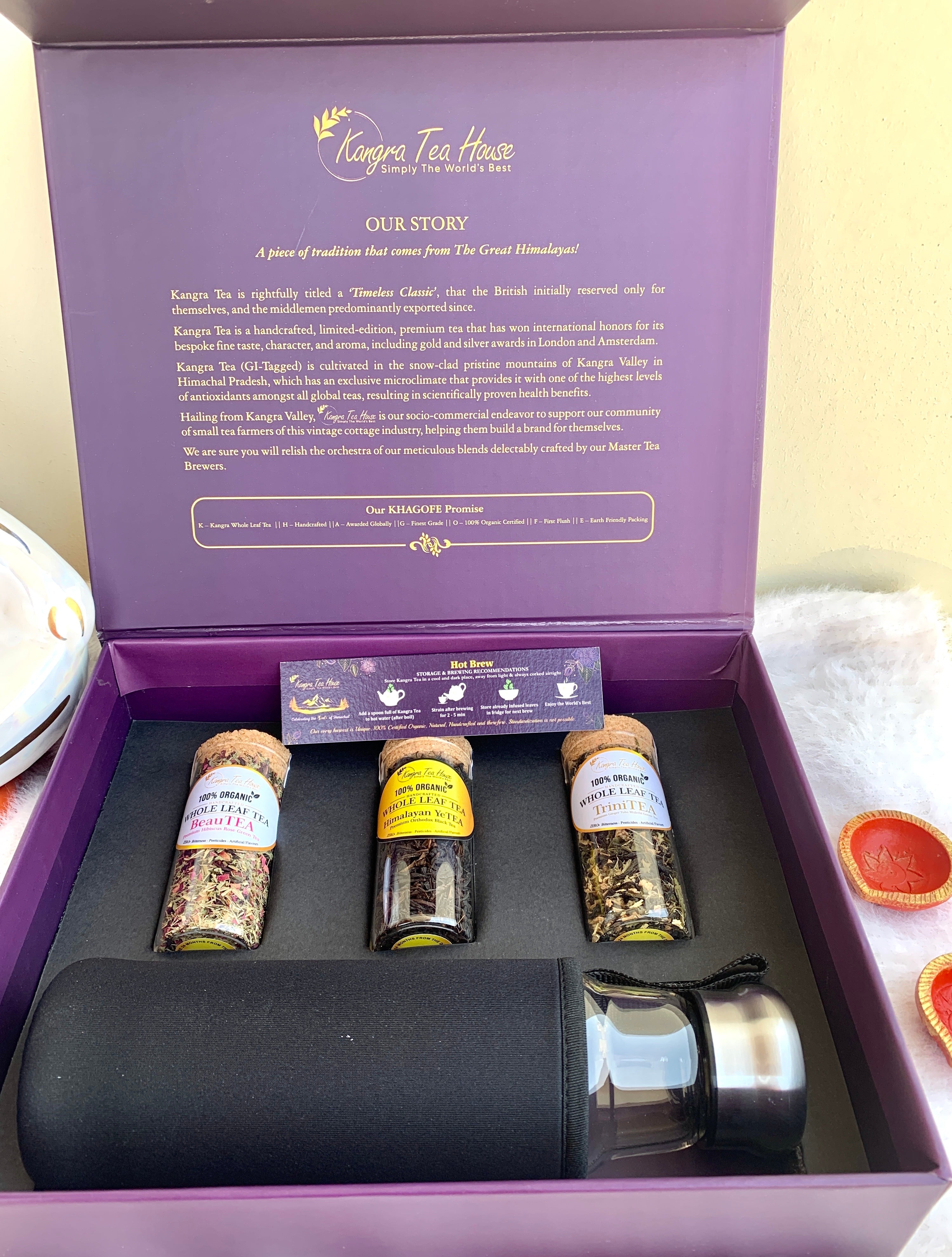 Taals - A Premium Gift Box with a set of 3 Organic Handcrafted Teas & an elegant Glass Infuser