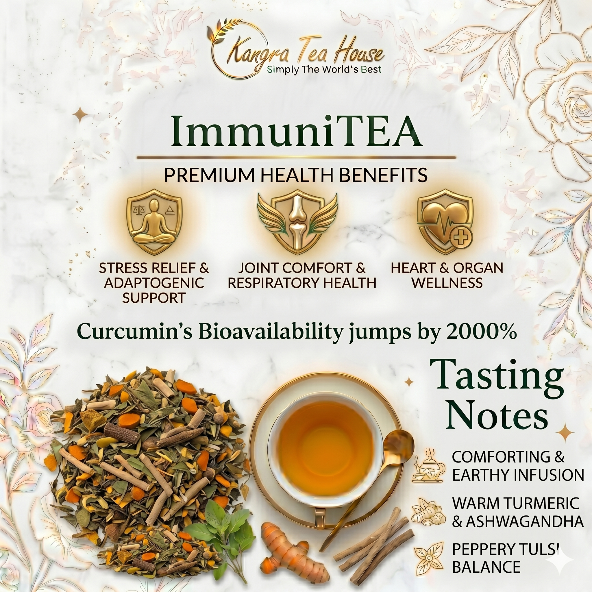 Organic Ashwagandha Tumeric Tulsi Kangra Green Tea | Good for Respiratory Infections | Stress & Anxiety Reliever