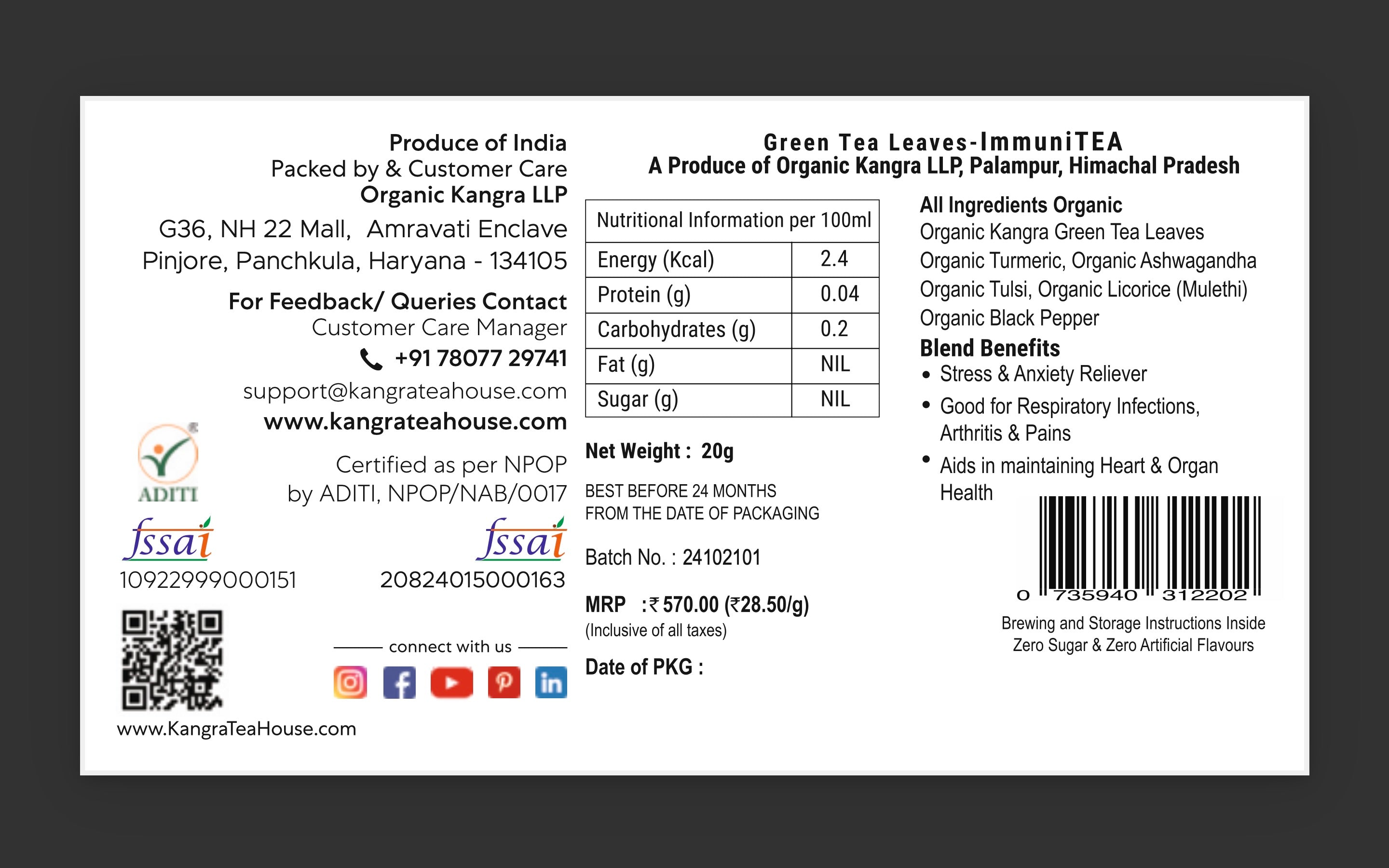 ImmuniTEA organic green tea pack – turmeric ashwagandha – Kangra Tea House
