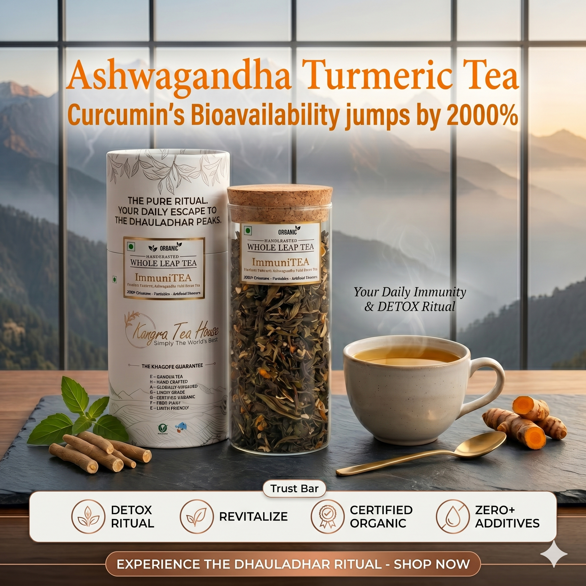 Organic Ashwagandha Tumeric Tulsi Kangra Green Tea | Good for Respiratory Infections | Stress & Anxiety Reliever