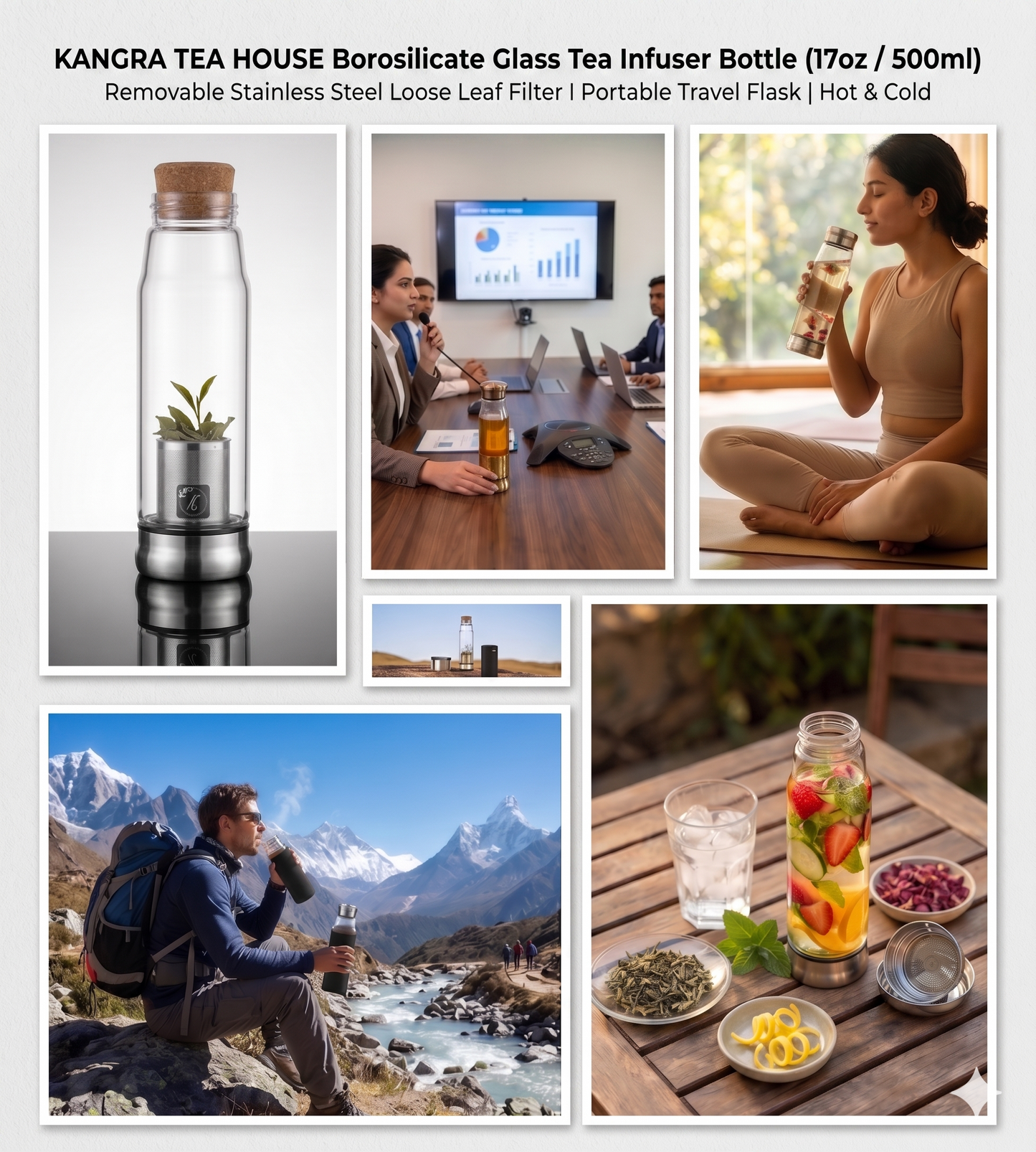 Kangra Tea House Glass Tea Infuser Bottle | Premium Borosilicate Glass Tea Maker with Stainless Steel Filter | Loose Leaf Tea Infuser Flask | Leakproof, Travel Friendly | 550ml