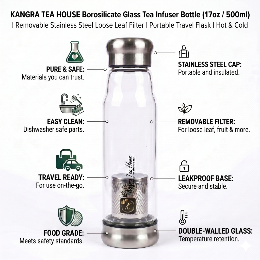 Kangra Tea House Glass Tea Infuser Bottle | Premium Borosilicate Glass Tea Maker with Stainless Steel Filter | Loose Leaf Tea Infuser Flask | Leakproof, Travel Friendly | 550ml