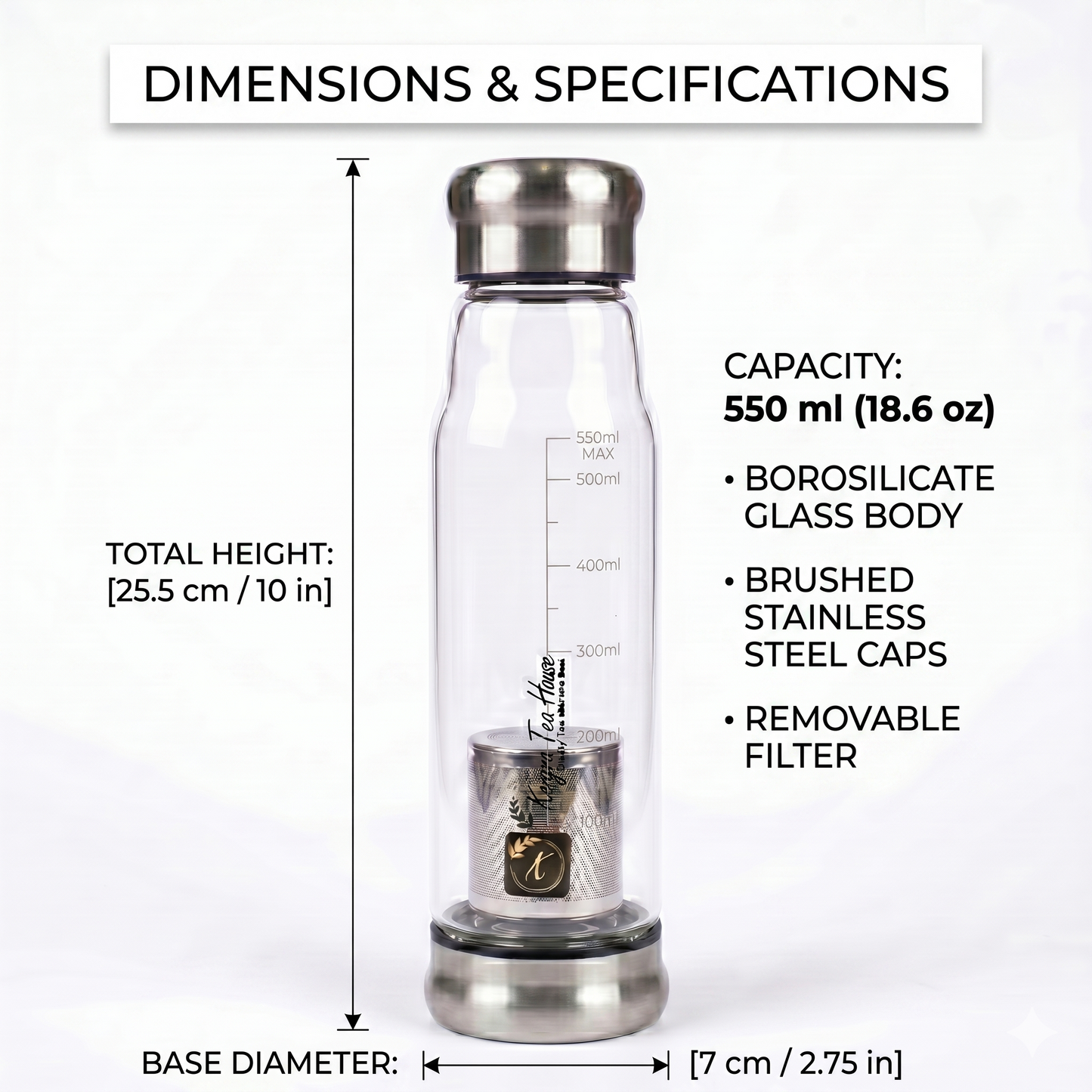 Kangra Tea House Glass Tea Infuser Bottle | Premium Borosilicate Glass Tea Maker with Stainless Steel Filter | Loose Leaf Tea Infuser Flask | Leakproof, Travel Friendly | 550ml