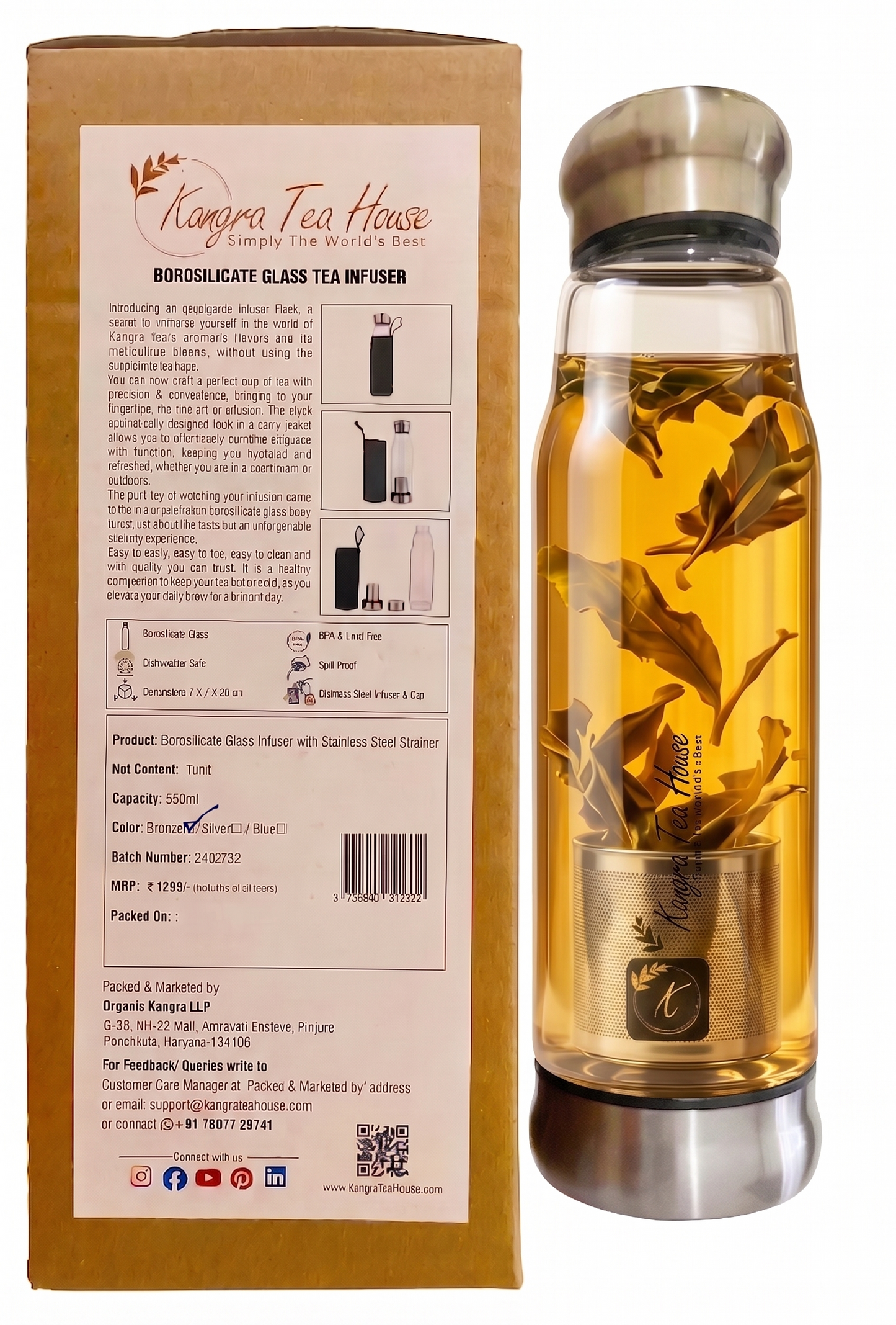 Kangra Tea House Glass Tea Infuser Bottle | Premium Borosilicate Glass Tea Maker with Stainless Steel Filter | Loose Leaf Tea Infuser Flask | Leakproof, Travel Friendly | 550ml