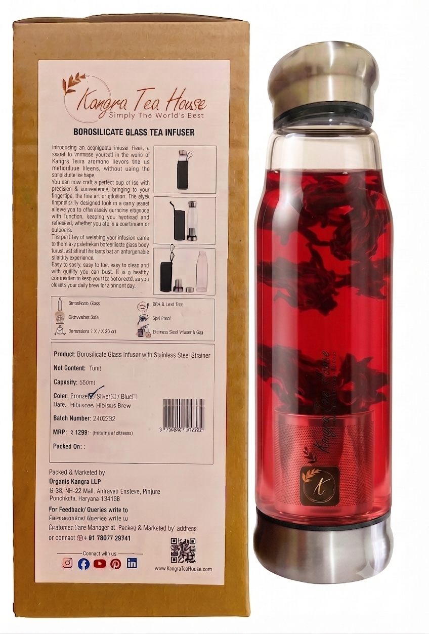 Kangra Tea House borosilicate glass tea infuser bottle – premium loose leaf tea infuser