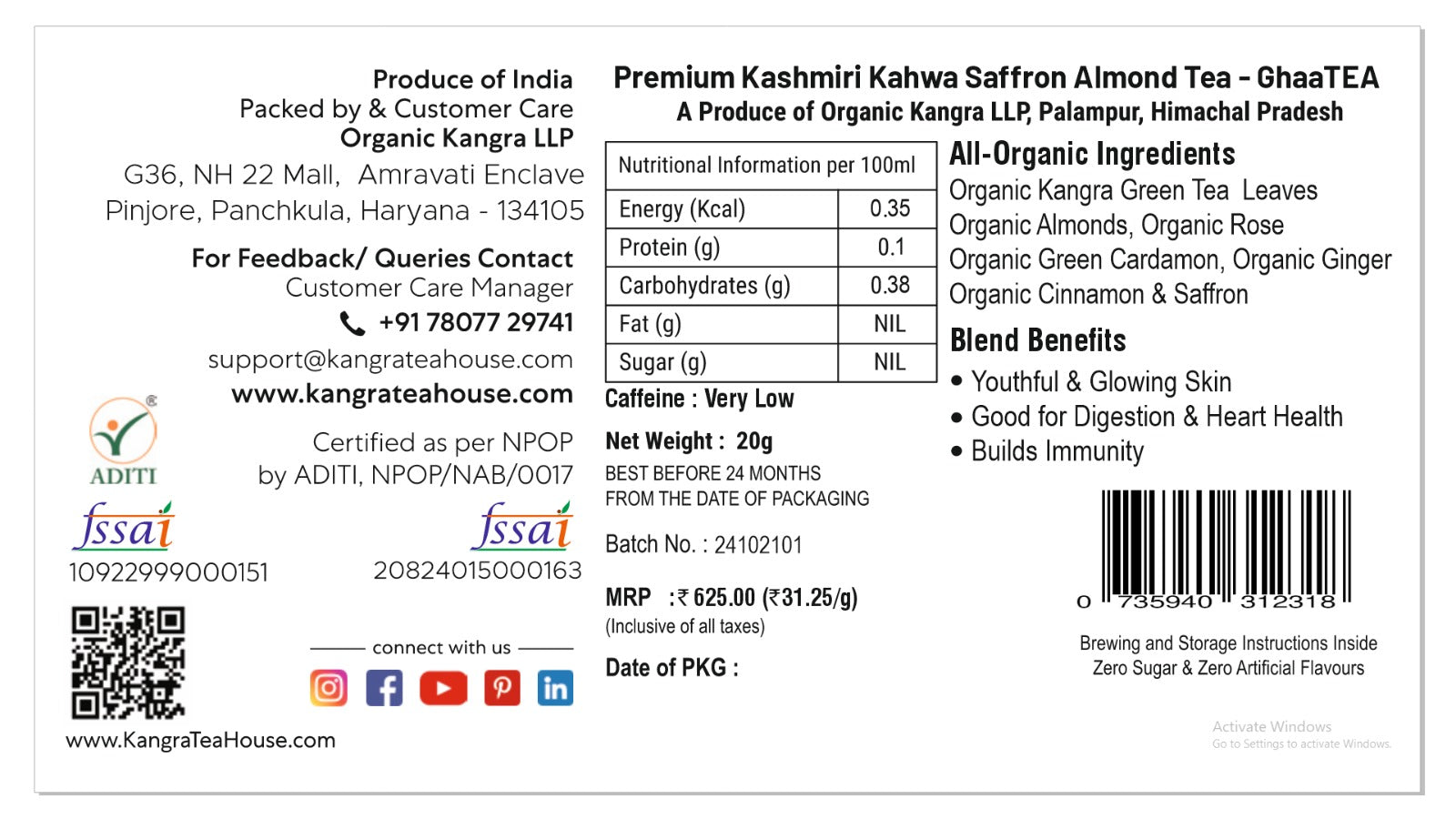 GhaaTEA artisanal Kashmiri kahwa loose leaf tea with saffron and almonds – Kangra Tea House
