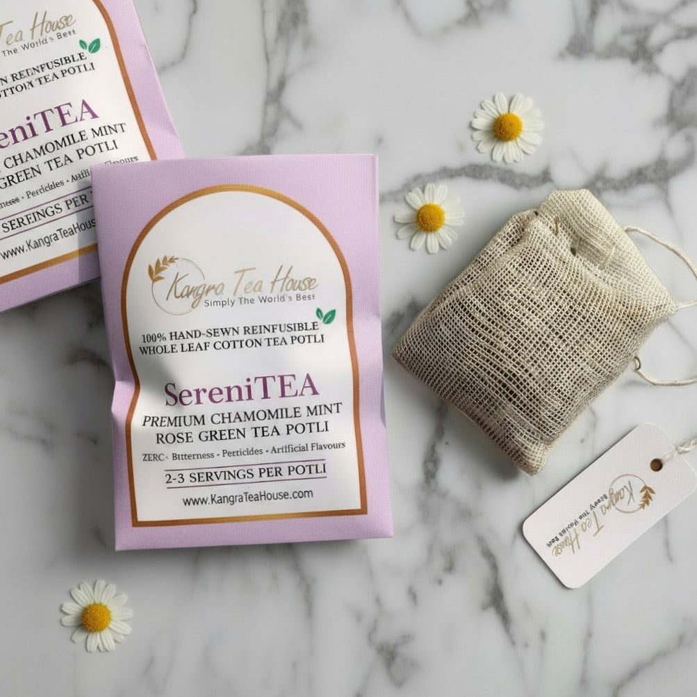 Chamomile Mint Rose Green Tea Hand-Sewn Premium Cotton Tea Bags (SeriniTEA Pack of 6 Reinfusible Potlis)