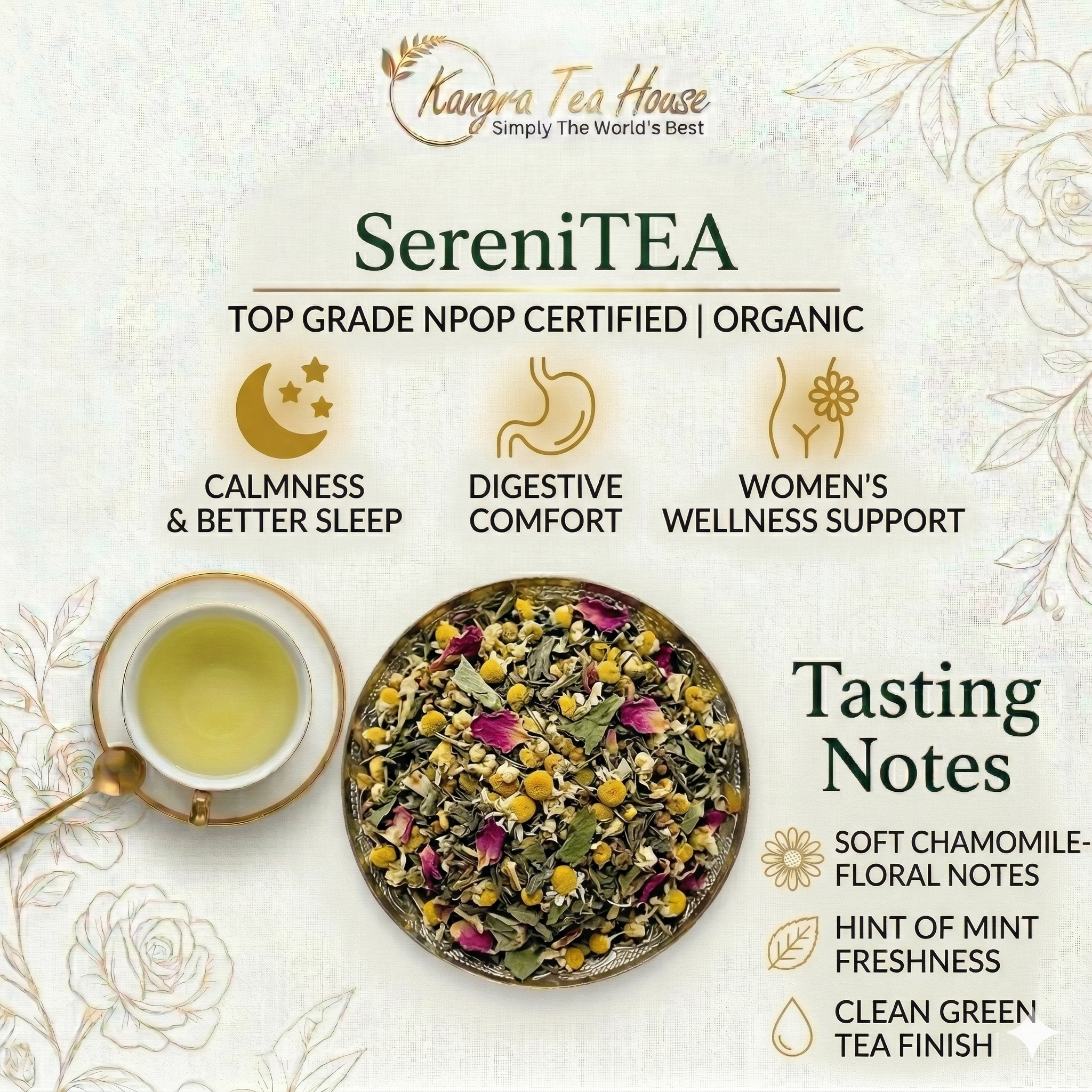 Chamomile Mint Rose Green Tea Hand-Sewn Premium Cotton Tea Bags (SeriniTEA Pack of 6 Reinfusible Potlis)