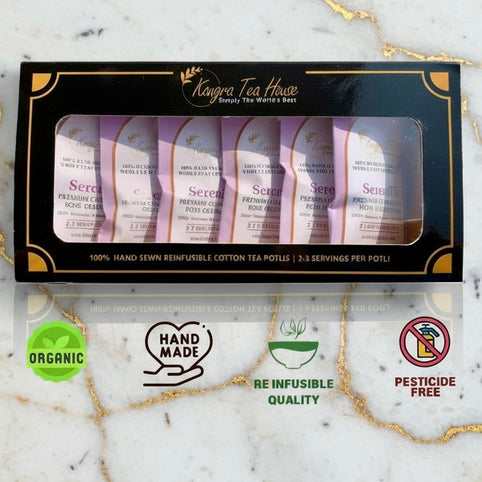 Chamomile Mint Rose Green Tea Hand-Sewn Premium Cotton Tea Bags (SeriniTEA Pack of 6 Reinfusible Potlis)