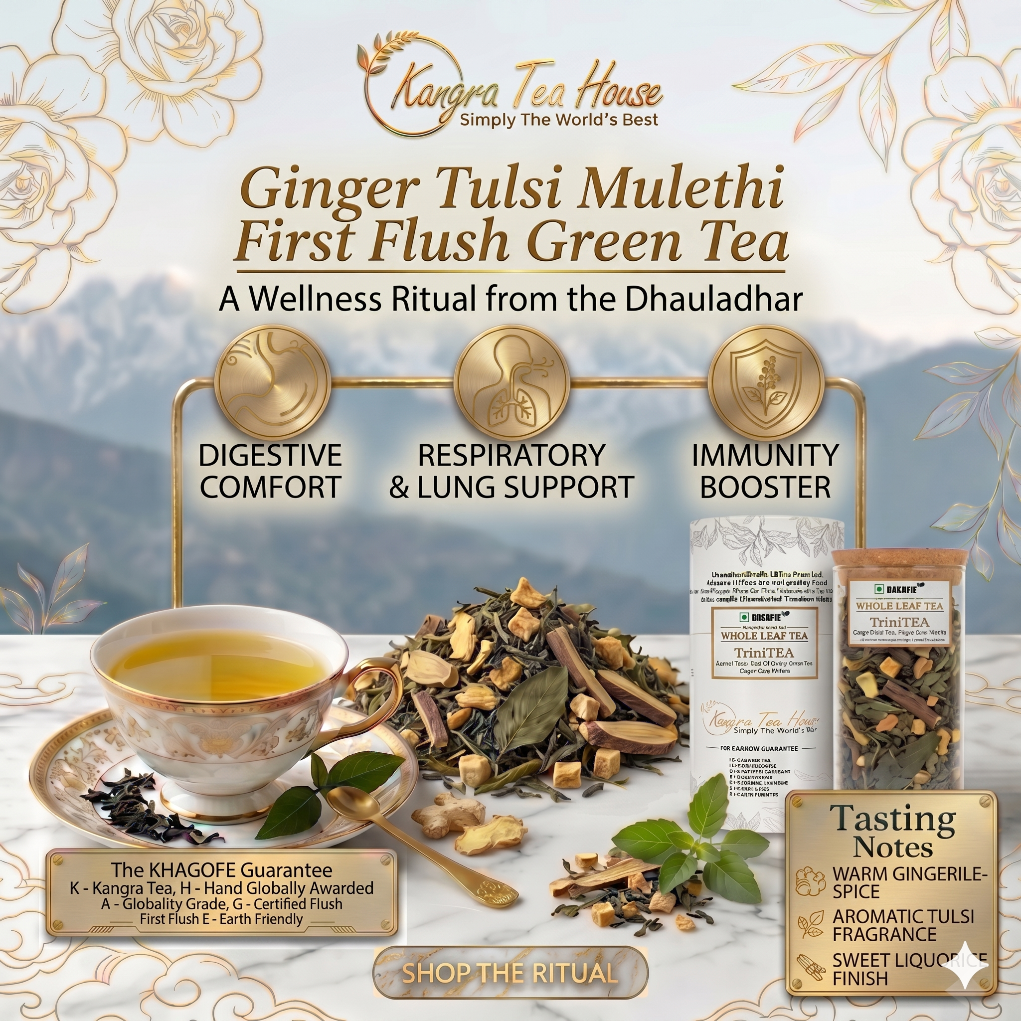 Premium First Flush Ginger Mulethi Whole Leaf Green Tea - Anti Aging | Helps in Pains & Inflammations | Controls Body Aches |