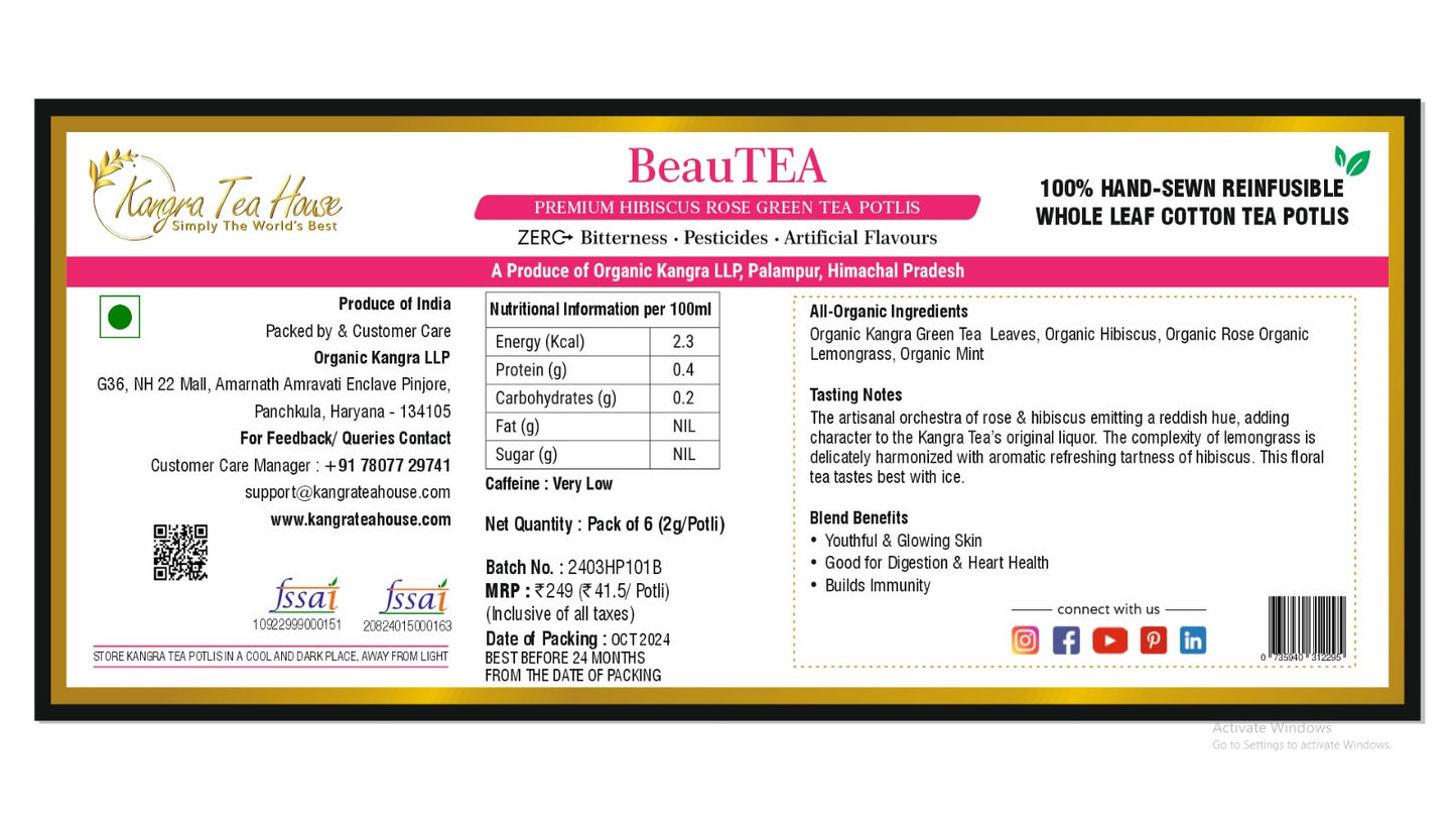 100% Hand-Sewn Premium Hibiscus Rose Green Tea Bags (BeauTEA Pack of 6 Reinfusible Potlis)