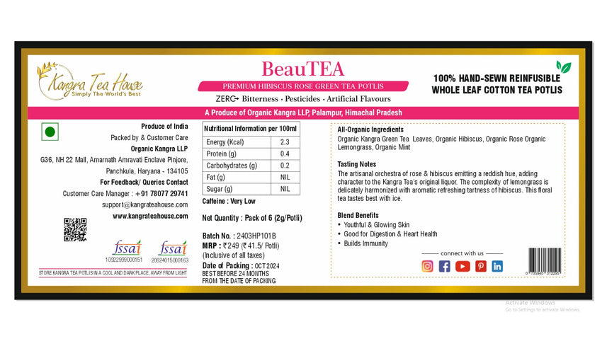 100% Hand-Sewn Premium Hibiscus Rose Green Tea Bags (BeauTEA Pack of 6 Reinfusible Potlis)