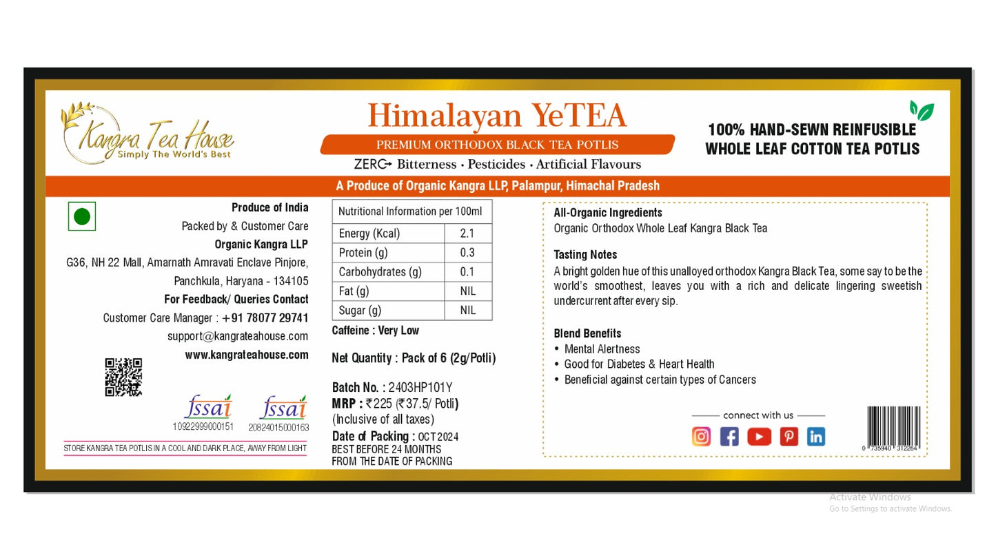 Black Tea 0% Bitterness  100% Hand-Sewn Premium Cotton Tea Bags (YeTEA Pack of 6 Reinfusible Potlis)