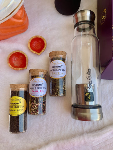 Festive Premium tea gift box – 3 organic Kangra teas with elegant glass infuser