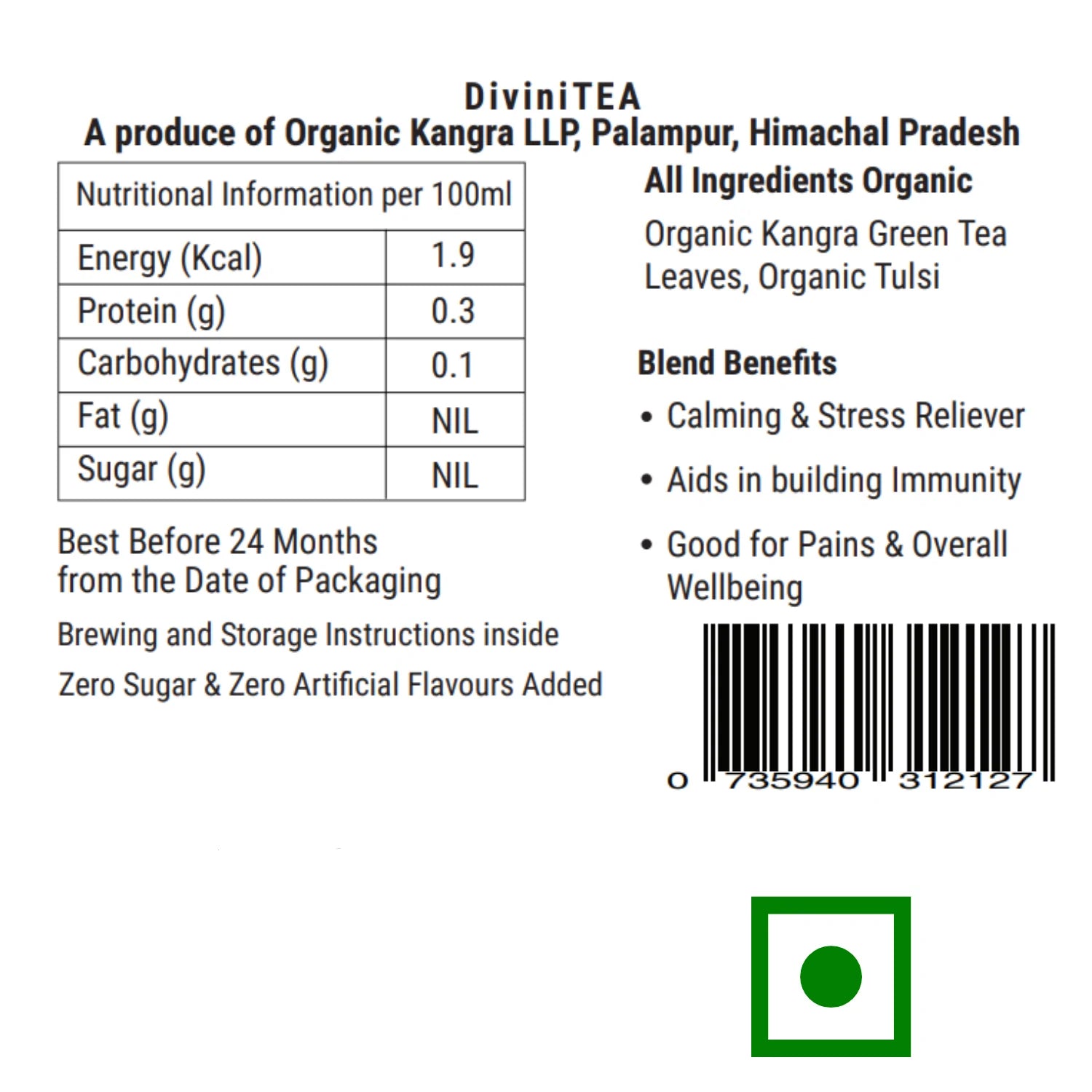 DiviniTEA Organic Whole Leaf tulsi green tea -detox immunity - Kangra Tea House