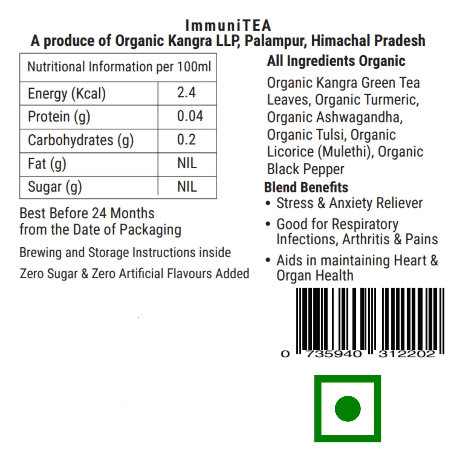 ImmuniTEA - 100% Certified Organic Ashwagandha Tumeric Tulsi Kangra Green Tea